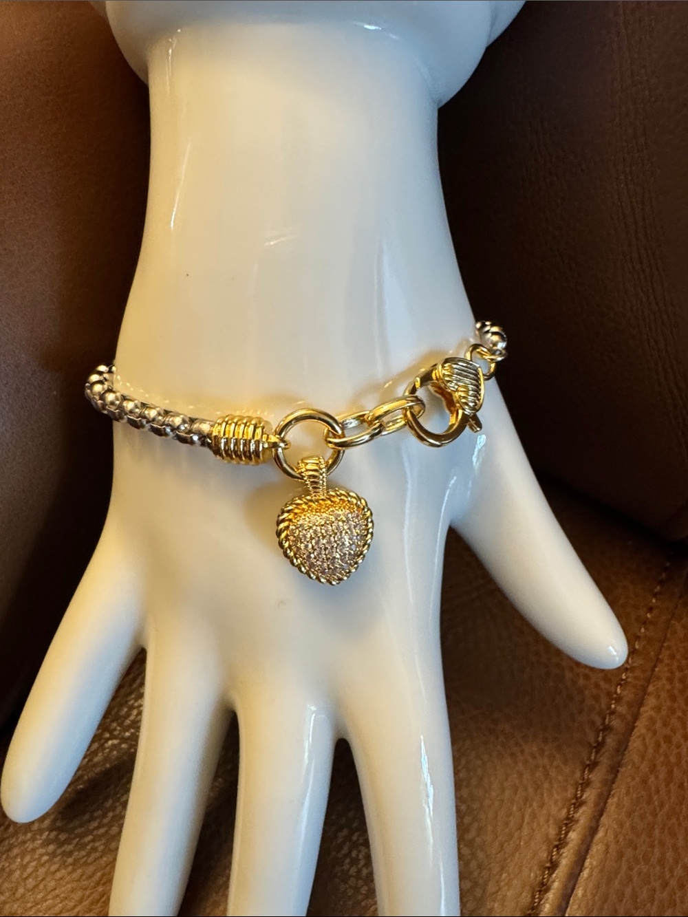 NWT two tone brass and pave CZ heart shaped pendant bracelet